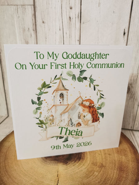 Personalised 1st / First Holy Communion Church & Wreath Style Card Girl