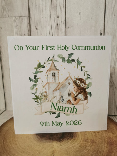Personalised 1st / First Holy Communion Church & Wreath Style Card Girl