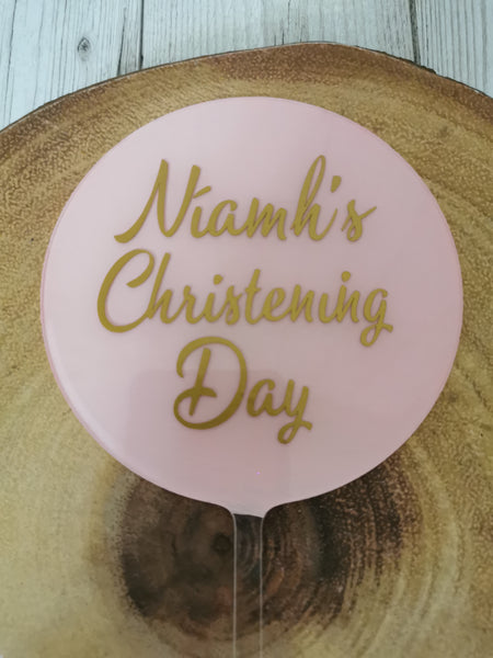 Personalised Christening Day Acrylic 4" Round Cake Topper Gold