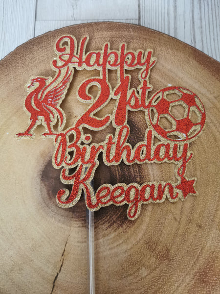Happy Birthday Liverpool Liver Bird , Ball & LFC Logo Theme Glitter Cake topper