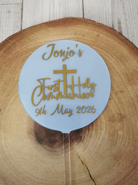 Personalised First Holy Communion Acrylic 4" Round Cake Topper Gold Text