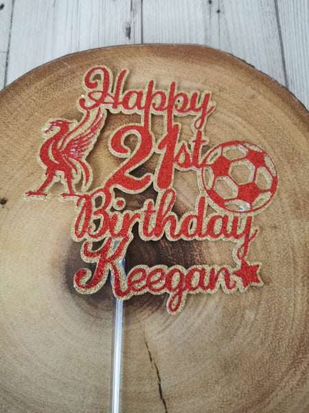 Happy Birthday Liverpool Liver Bird , Ball & LFC Logo Theme Glitter Cake topper