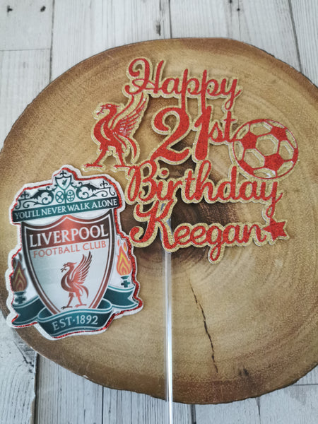 Happy Birthday Liverpool Liver Bird , Ball & LFC Logo Theme Glitter Cake topper