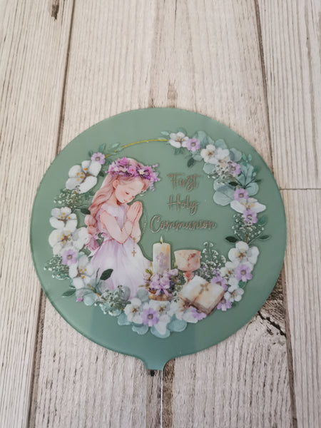 First Holy Communion Girl Acrylic 4" Round Cake Topper