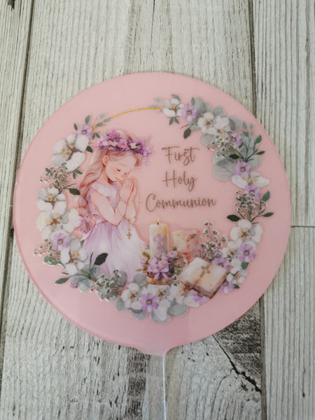 First Holy Communion Girl Acrylic 4" Round Cake Topper