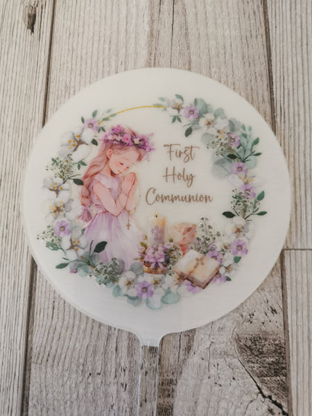First Holy Communion Girl Acrylic 4" Round Cake Topper