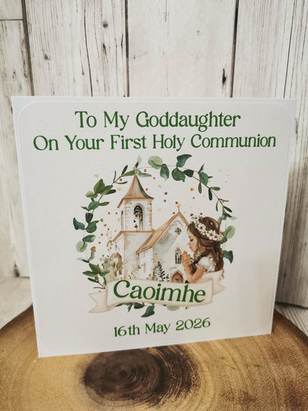 Personalised 1st / First Holy Communion Church & Wreath Style Card Girl