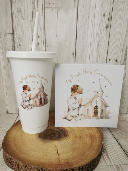 First Holy Communion Cold Cup & Card Dark Hair Boy Set