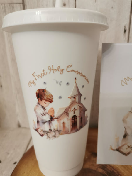 First Holy Communion Cold Cup & Card Dark Hair Boy Set