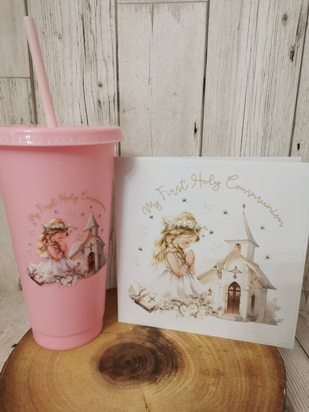 First Holy Communion Cold Cup & Card Blonde Hair Girl Set