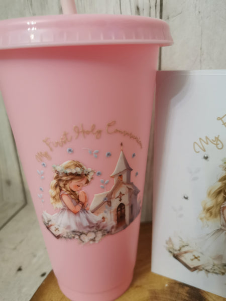 First Holy Communion Cold Cup & Card Blonde Hair Girl Set