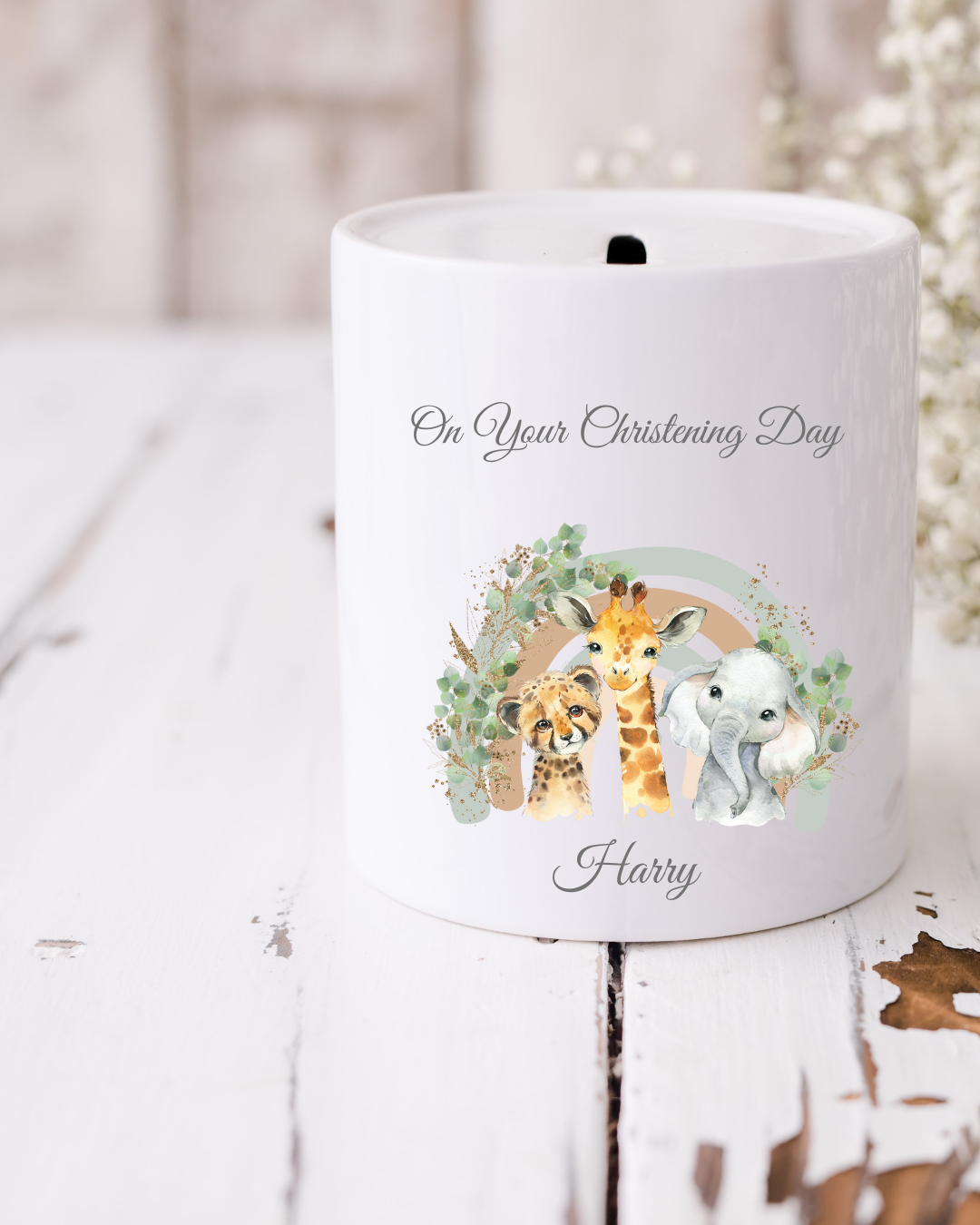 Personalised On Your Christening Day Safari Rainbow Money Box