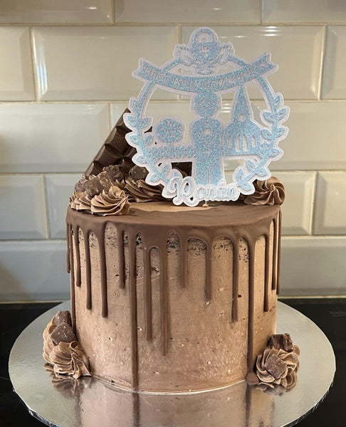 Personalised Circle 1st / First Holy Communion Standing Child Glitter (J/Boy) Cake Topper 12 Colours