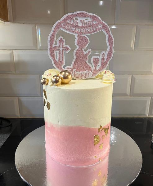 Personalised Circle On your Communion Praying Child Glitter (E/Girl) Cake Topper 12 Colours