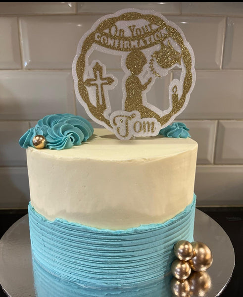 Personalised Circle' On your Confirmation' Praying Child Glitter (D/Boy) Cake Topper 12 Colours