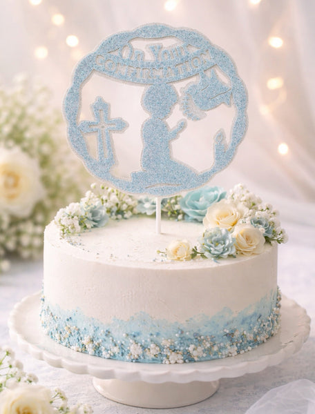 Circle Style' On your Confirmation' Praying Child Glitter (D/Boy) Cake Topper 12 Colours