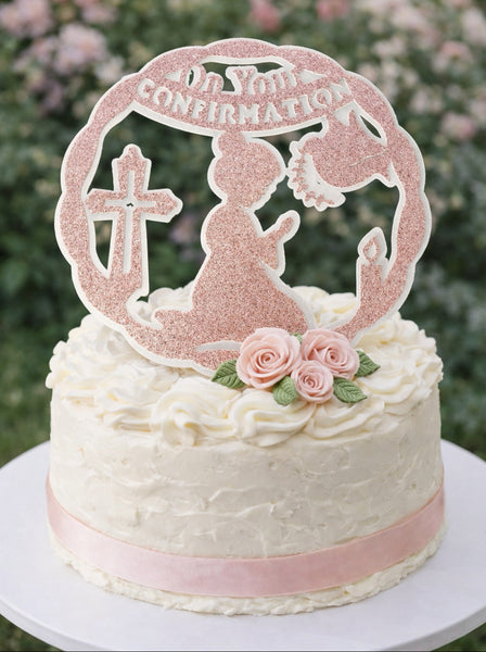 Circle Style' On your Confirmation' Praying Child Glitter (D/Girl) Cake Topper 12 Colours
