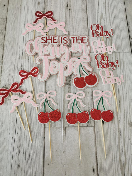 She is the Cherry on Top Baby Shower Style Cake Topper & Cupcake Set