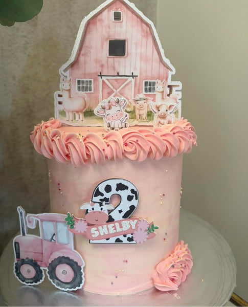 Personalised Pink Barn, Tractor & Farm Animals Set Cake Topper