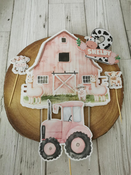 Personalised Pink Barn, Tractor & Farm Animals Set Cake Topper