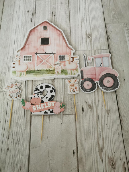 Personalised Pink Barn, Tractor & Farm Animals Set Cake Topper