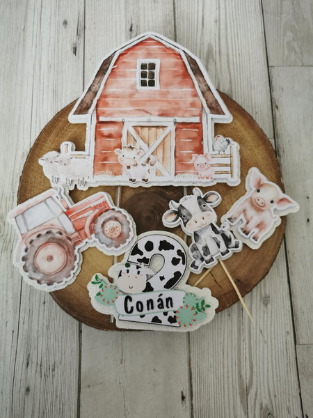 Personalised Red Barn, Tractor & Farm Animals Set Cake Topper