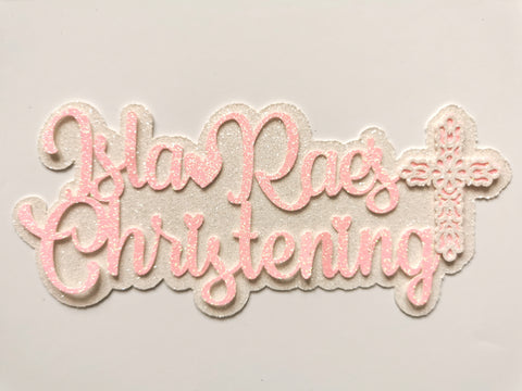 Personalised Baby Christening Cross Style (D) Glitter Cake Topper 12 Colours