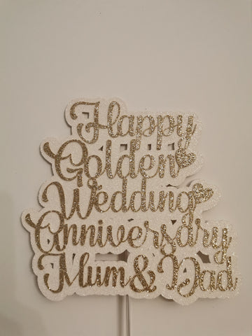 Personalised Happy Golden Wedding Anniversary Glitter Cake Topper