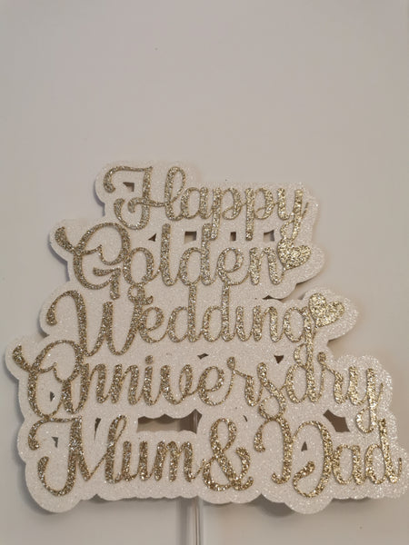 Personalised Happy Golden Wedding Anniversary Glitter Cake Topper