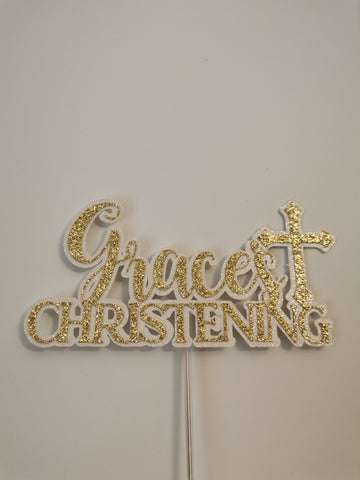 Personalised Baby Christening  Glitter Cake Topper (K) 12 Colours