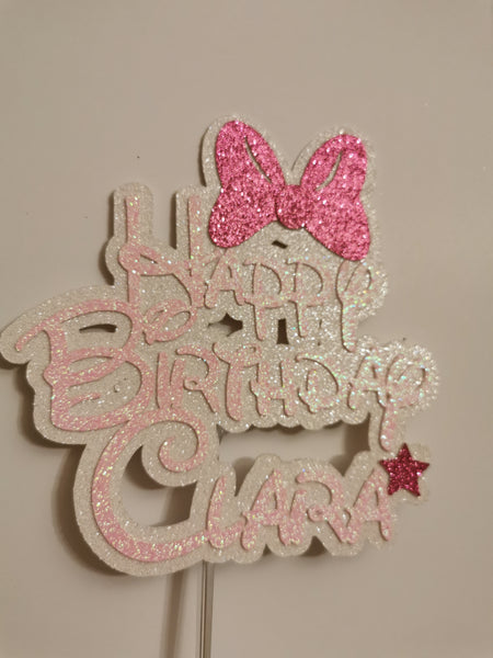 Personalised Happy Birthday Minnie Mouse Bow Glitter Cake Topper