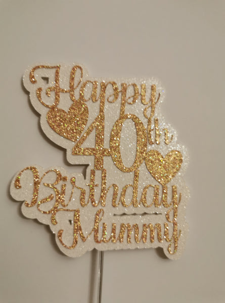 Happy Birthday Mummy + Age + Hearts Glitter Cake Topper available in 12 Colours