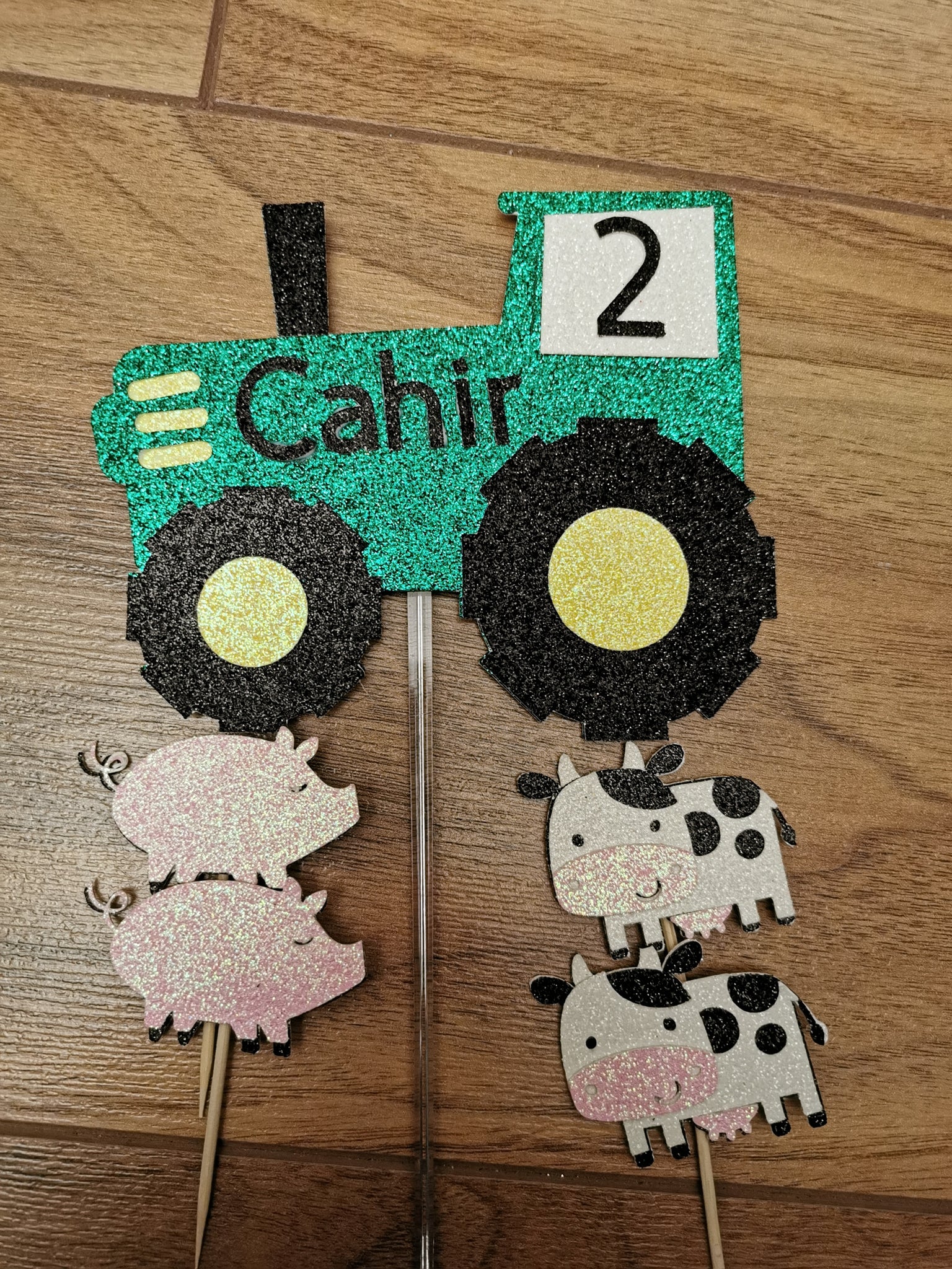 Personalised Tractor & Animals Glitter Cake Topper