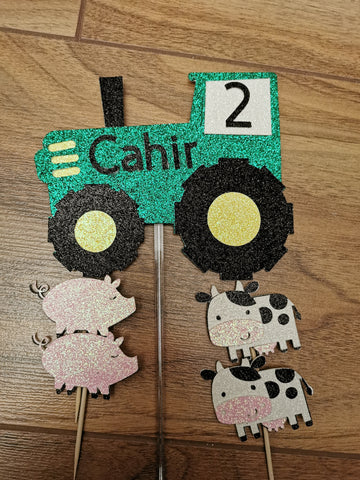Personalised Tractor & Animals Glitter Cake Topper
