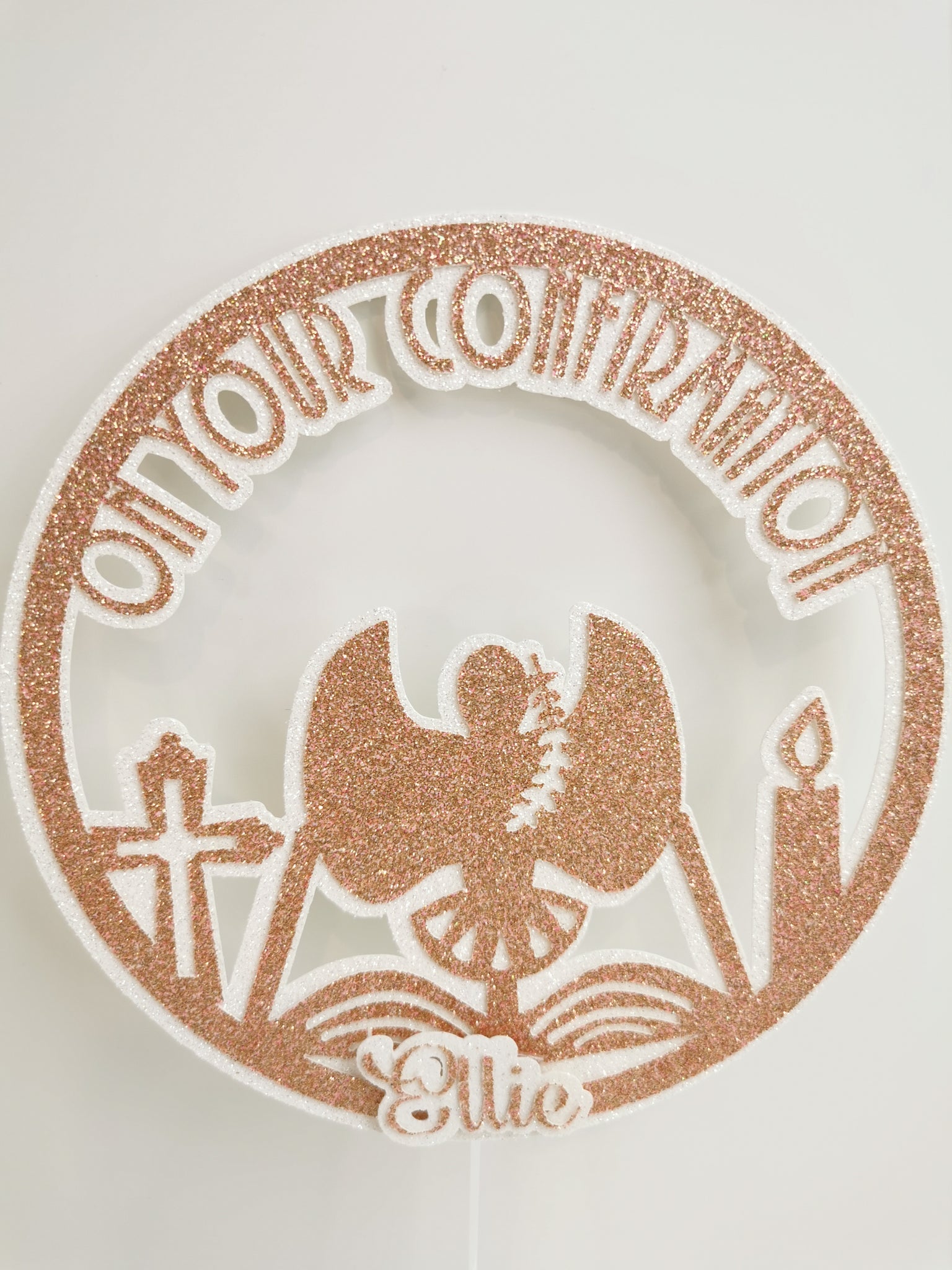 Personalised Circle' On your Confirmation' Dove & Candle Glitter (B) Cake Topper 12 Colours