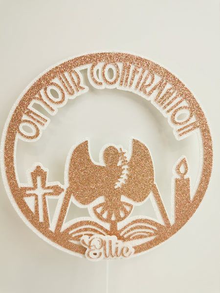 Personalised Circle' On your Confirmation' Dove & Candle Glitter (B) Cake Topper 12 Colours