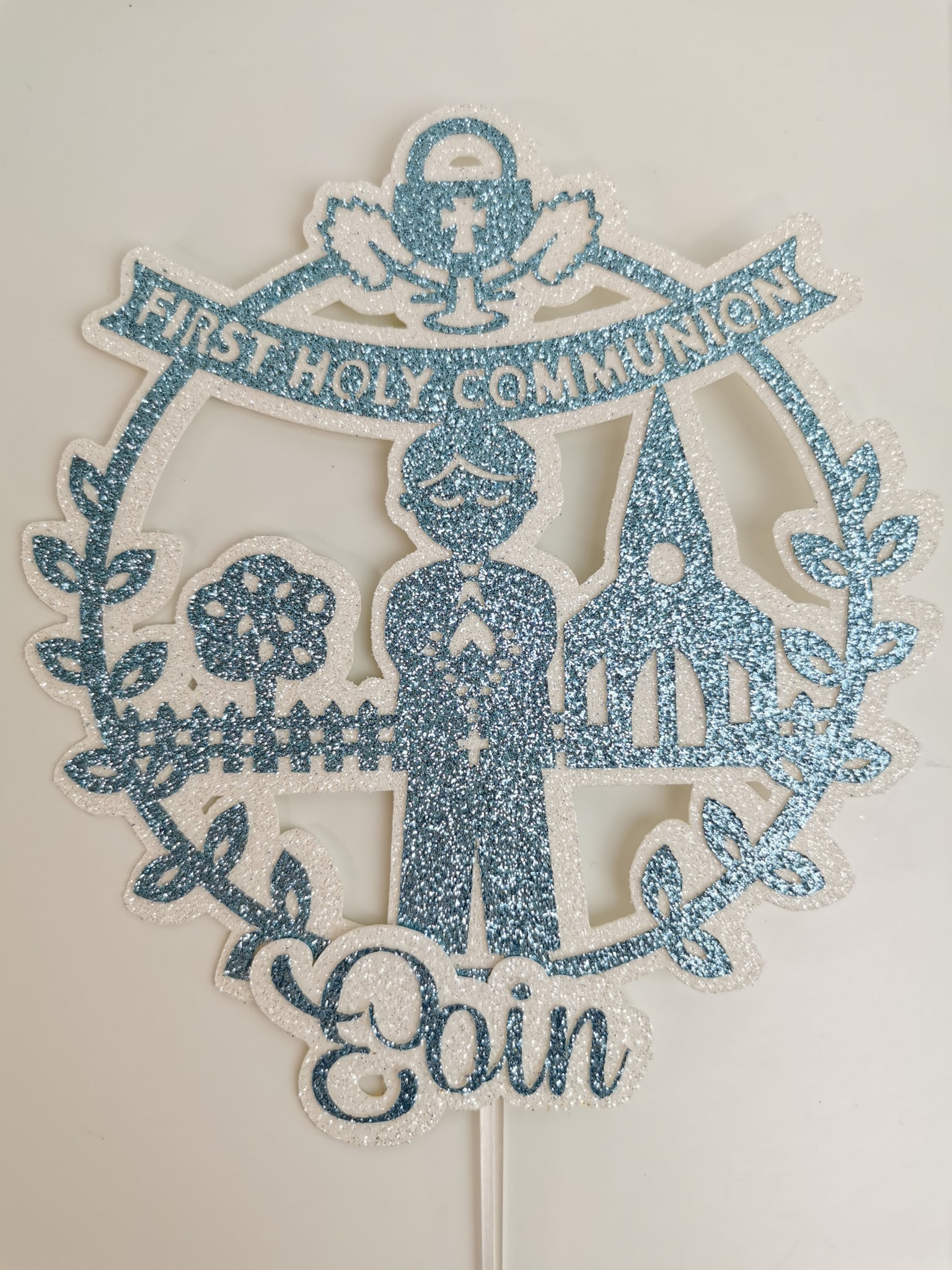 Personalised Circle 1st / First Holy Communion Standing Child Glitter (J/Boy) Cake Topper 12 Colours
