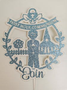 Personalised Circle 1st / First Holy Communion Standing Child Glitter (J/Boy) Cake Topper 12 Colours