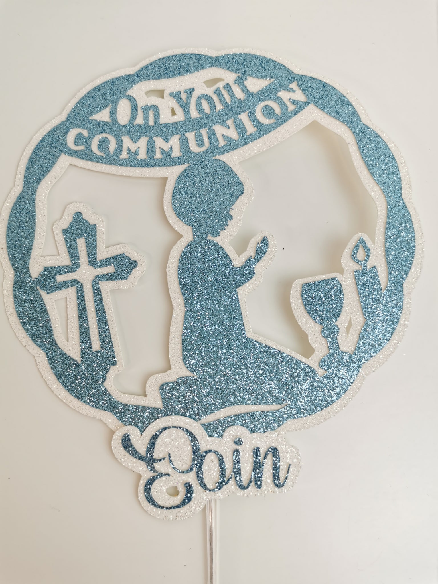 Personalised Circle On your Communion Praying Child Glitter (E/Boy) Cake Topper 12 Colours