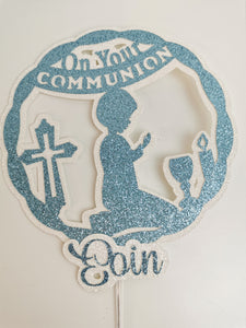 Personalised Circle On your Communion Praying Child Glitter (E/Boy) Cake Topper 12 Colours