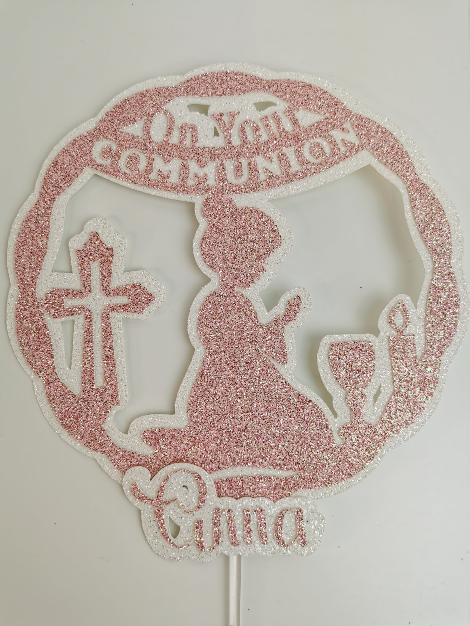 Personalised Circle On your Communion Praying Child Glitter (E/Girl) Cake Topper 12 Colours