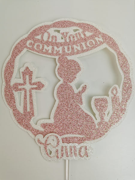 Personalised Circle On your Communion Praying Child Glitter (E/Girl) Cake Topper 12 Colours