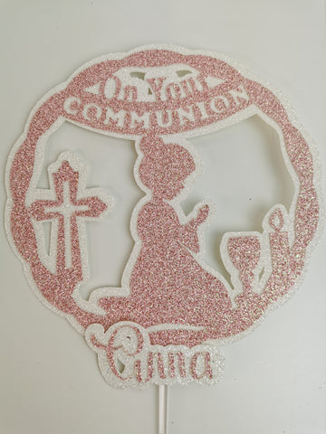Personalised Circle On your Communion Praying Child Glitter (E/Girl) Cake Topper 12 Colours