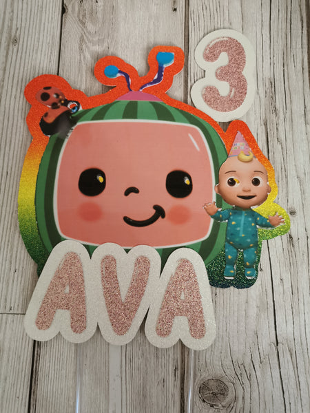 Personalised Cocomelon Style Glitter Cake Topper