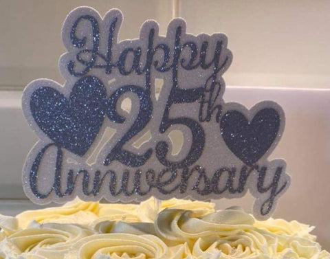 Happy 25th Wedding Anniversary Silver Glitter Cake Topper (B)