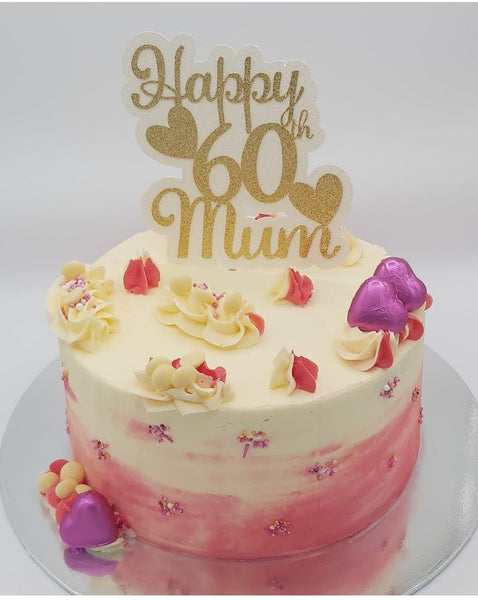 Happy 60th Mum + Hearts Glitter Cake Topper available in 12 Colours