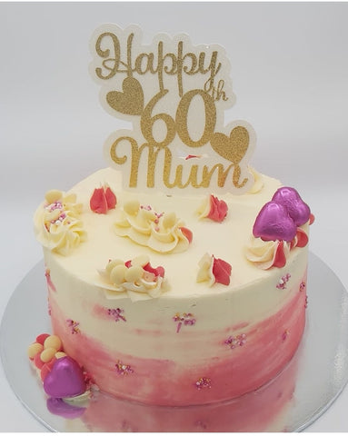 Happy 60th Mum + Hearts Glitter Cake Topper available in 12 Colours