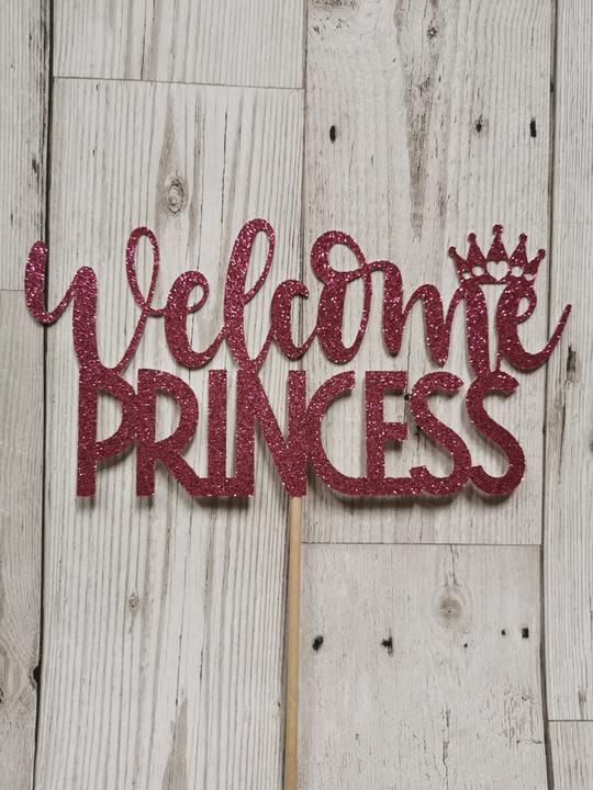 Welcome Princess Baby Shower/Christening Glitter Cake Topper (H) 14 Colours