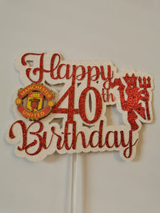 Man United Theme Happy Birthday + Age Glitter Cake topper