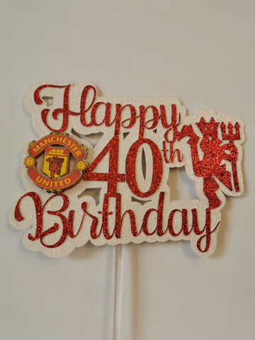 Man United Theme Happy Birthday + Age Glitter Cake topper